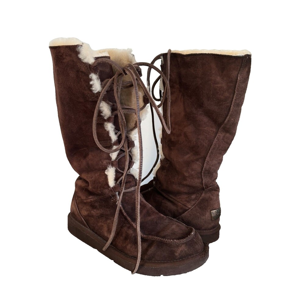 UGG Tall Shearling Lace Up Winter Boots Brown Suede Womens 10 Cozy Boho